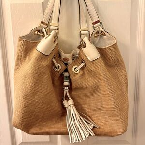 Michael Kors Camden Drawstring Tote Woven Straw Cream Leather Straps Tassels